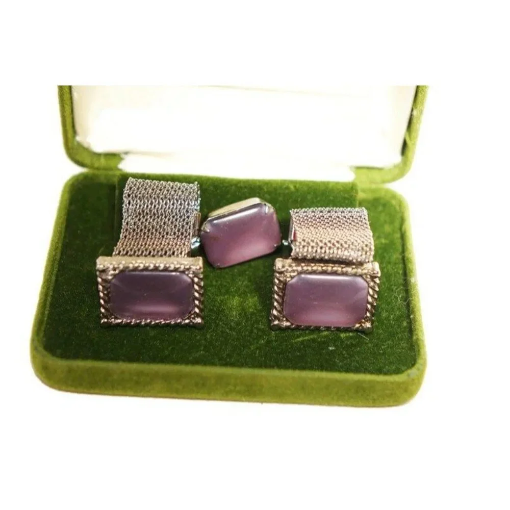 Cuff Links and Tie Tack Set Purple Lavender Satin Glass Silver Toned Boxed Set M
